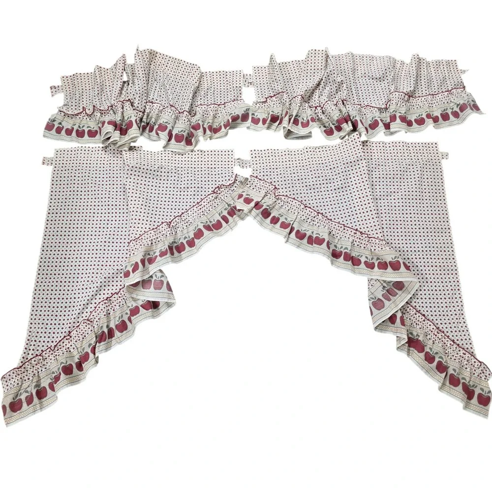 Vintage Cottagecore Apple Print Ruffled Kitchen Curtain Set 4pc Made in USA